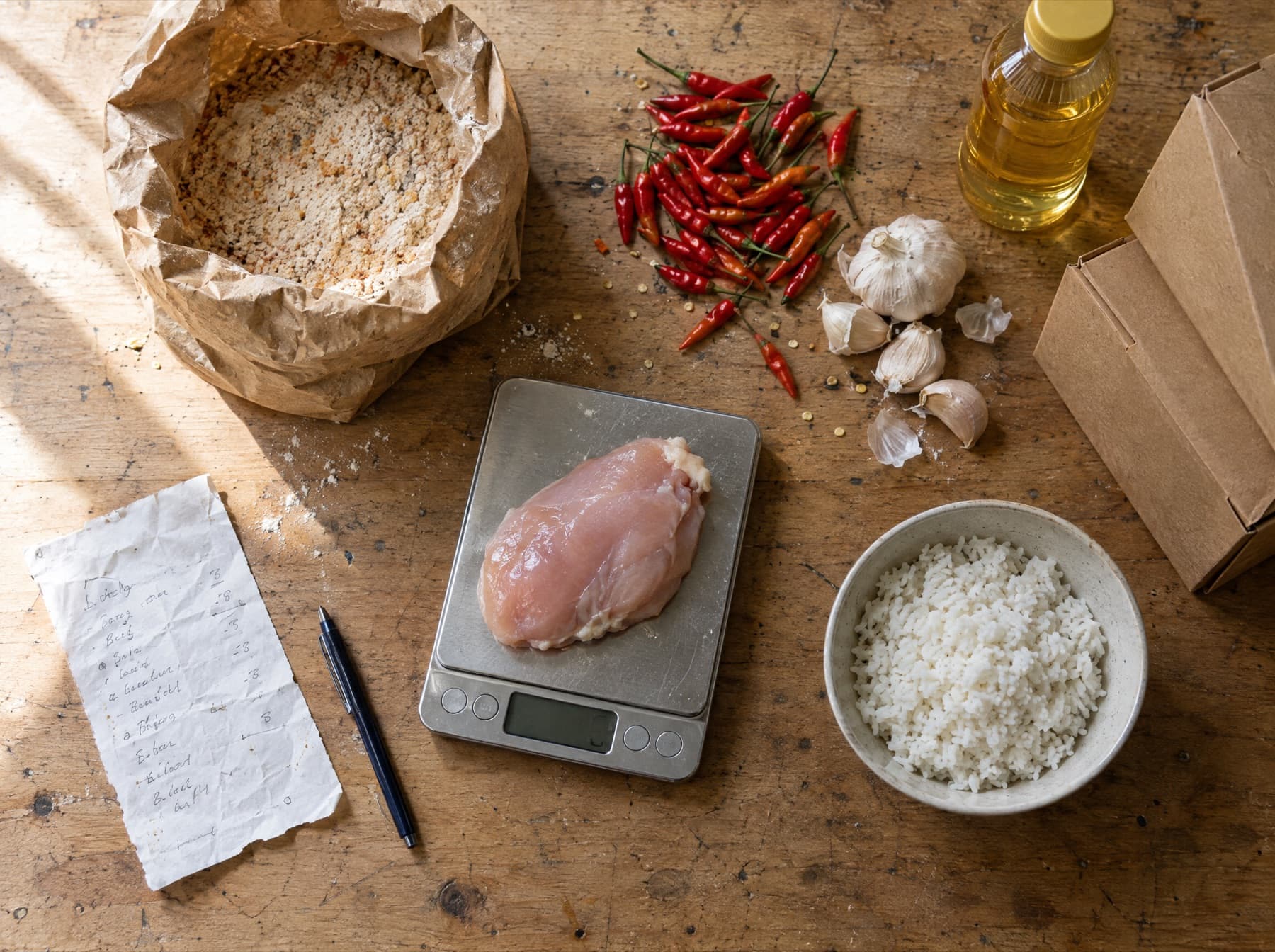 Bahan ayam geprek ditimbang di atas meja kayu, dengan nota belanja dan kotak kemasan