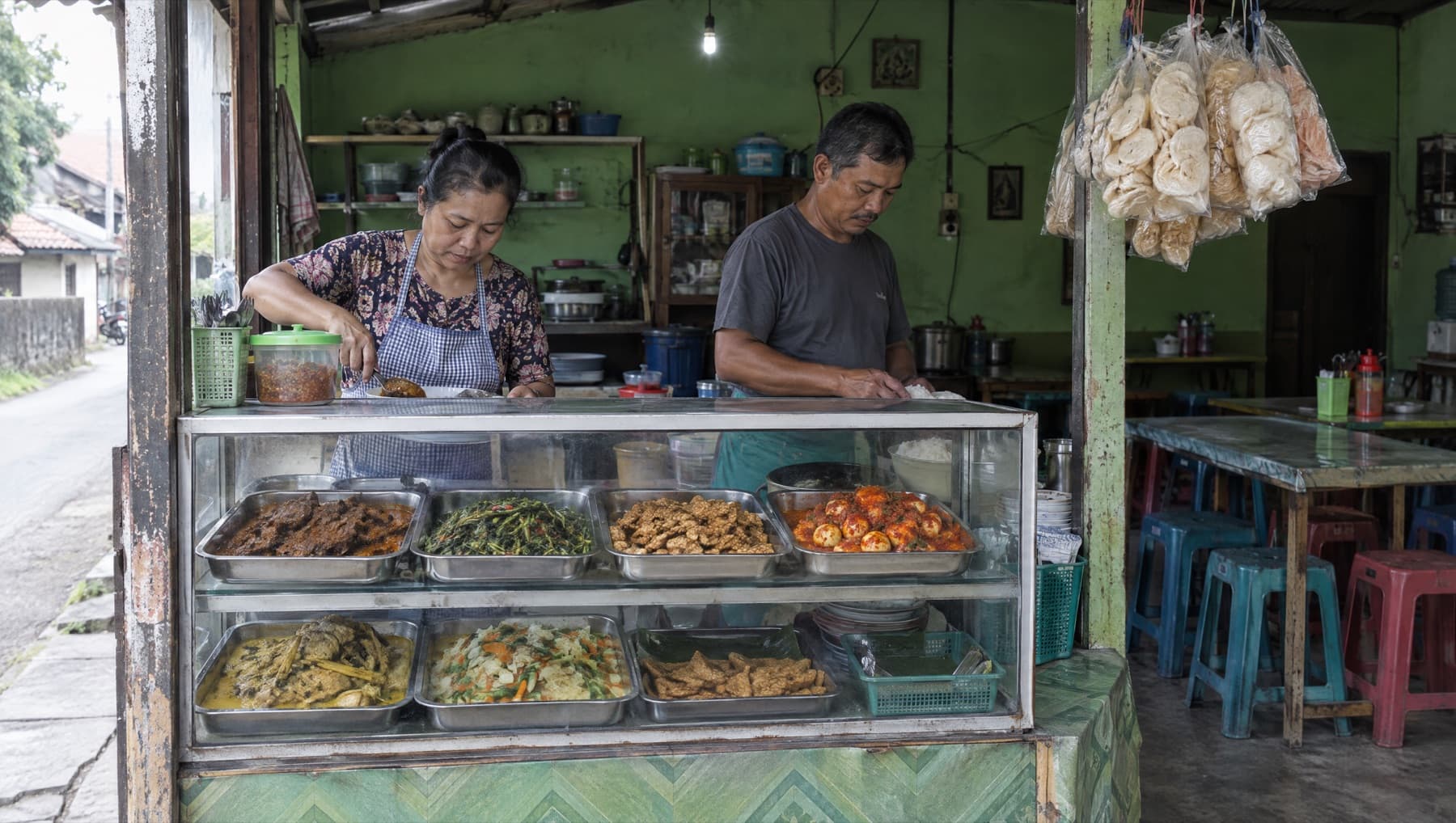 Pasangan pemilik warung makan menyiapkan lauk di etalase kaca